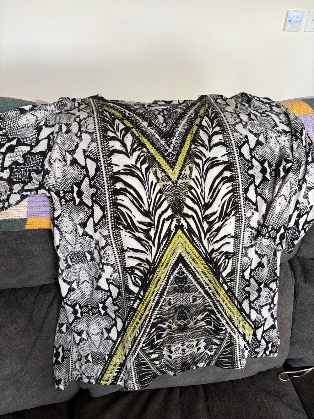 JM Collection Black & White Printed V-Neck Top with Yellow Accents